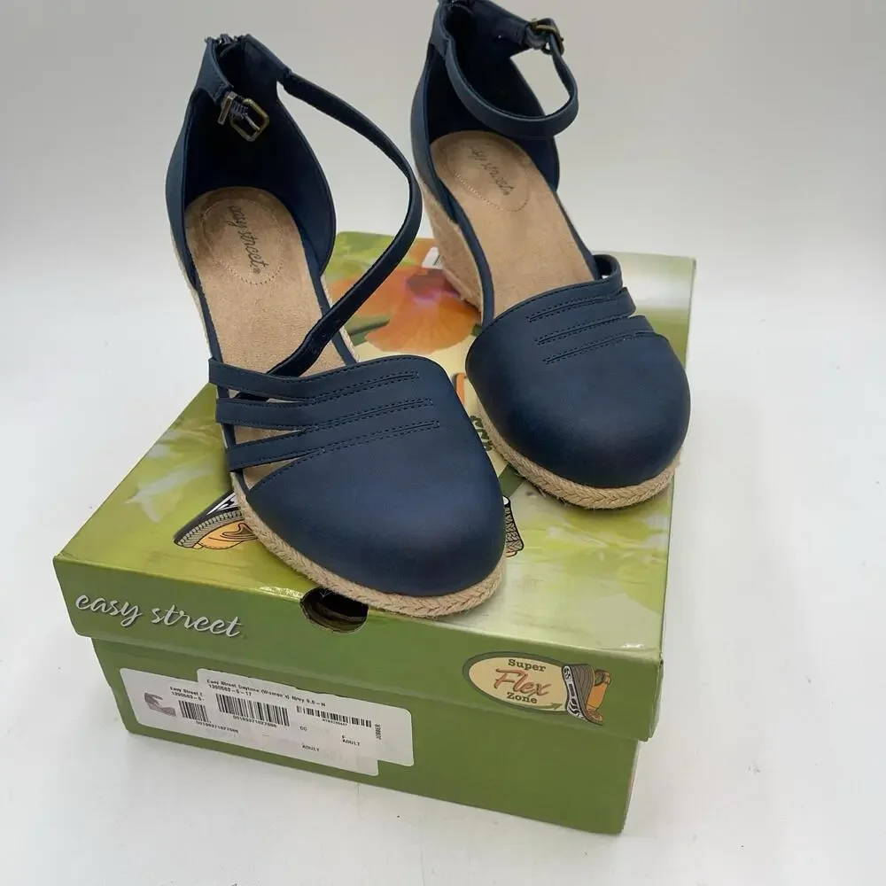 Easy Street Daytona Shoes Womens Navy Espadrille Wedge Sandals Size 9.5 Narrow
